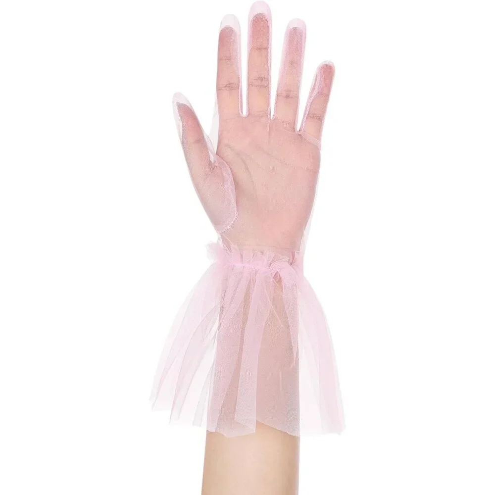 Women's Puffy Ruffle Pink Tulle Sheer Mesh Party Prom One Size Short Gloves
